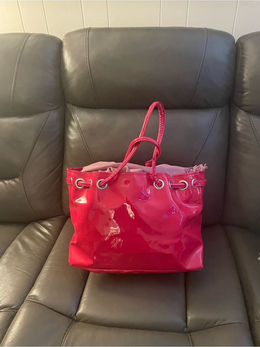Glossy Red Patent Tote with Grommet Detail